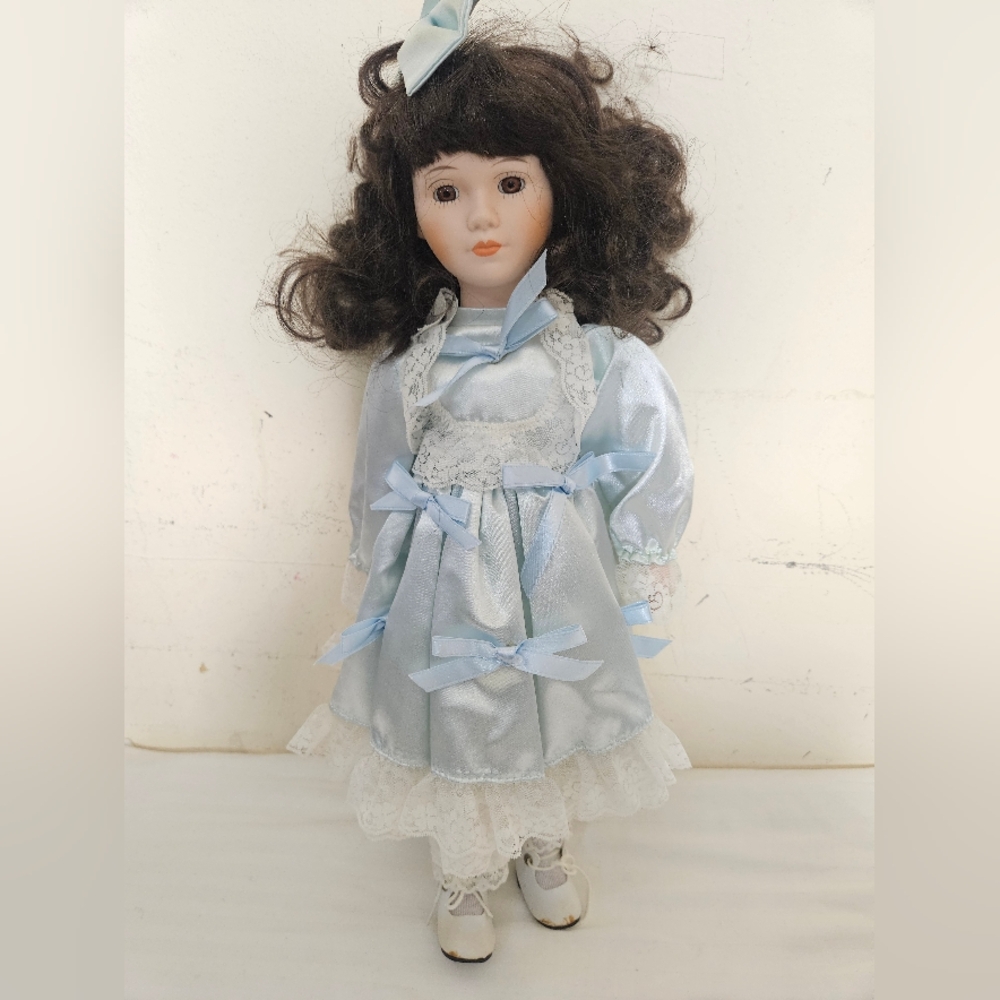 Porcelain Elegant Blue Doll with Lace Dress